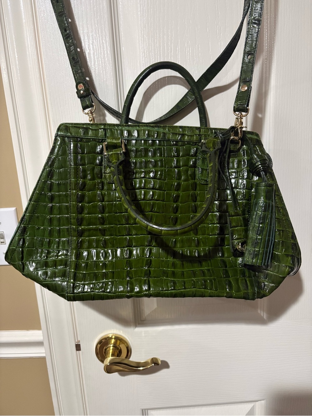 Brahmin Arden- Croc-Embossed Olive Green Satchel with Detachable Strap
